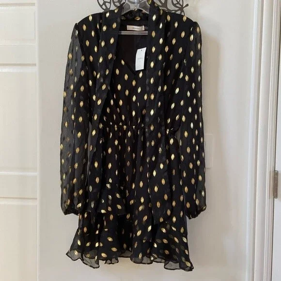 Idem Ditto Chiffon Ruffle Black Gold Dress  L NWT - Picture 5 of 16